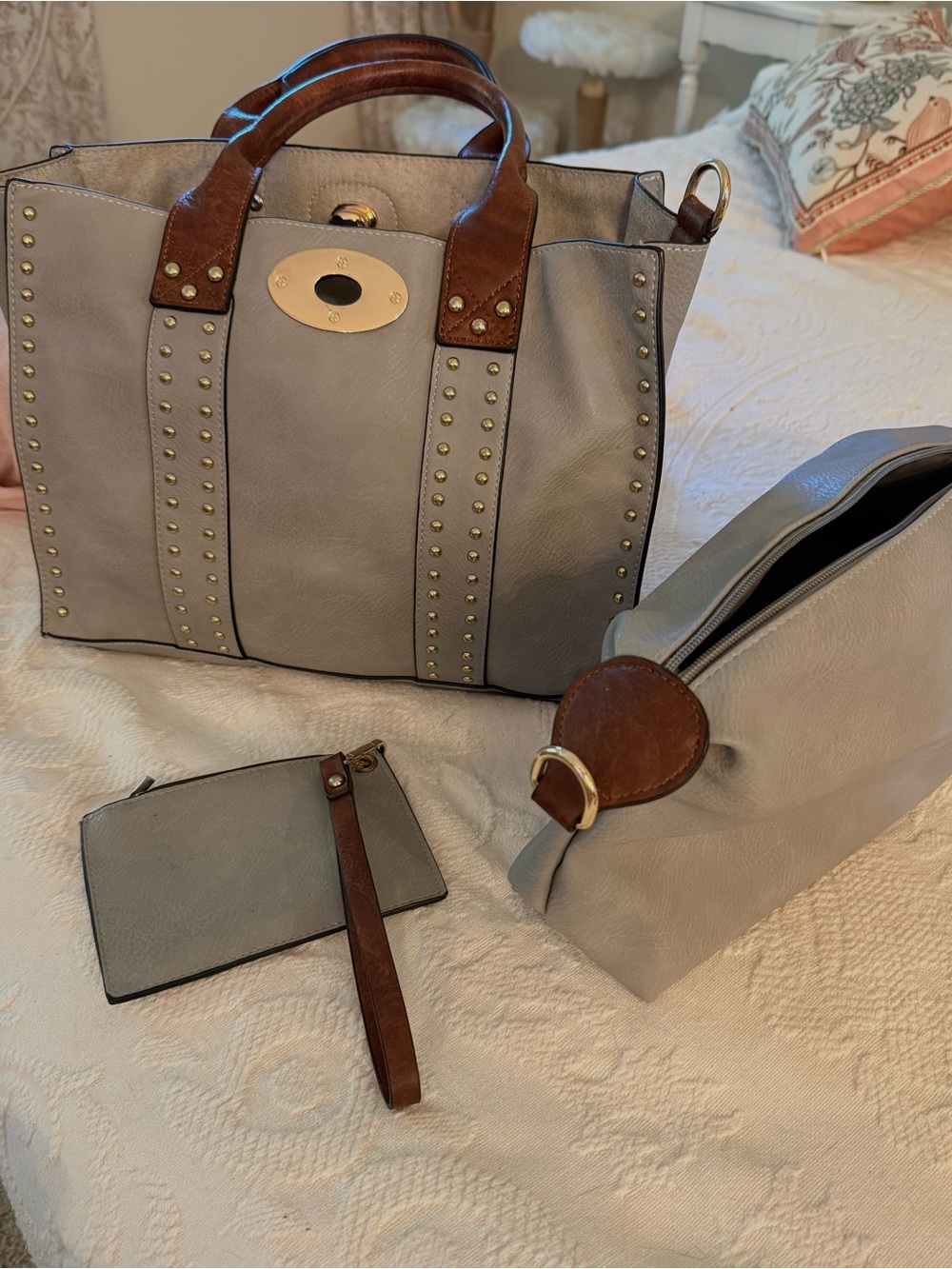 Gray and Brown Leather Studded Women’s Tote Set with Matching Pouch